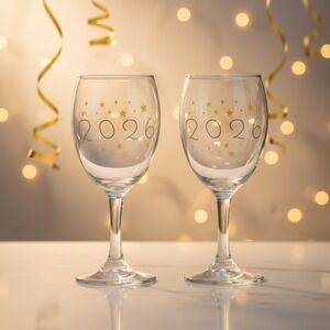 Cristar Pair of Hand Painted "2026" New Year's Wine Glass Glass Size 10 Oz